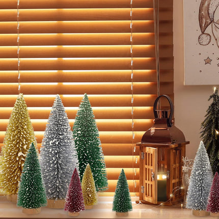 Whaline 16Pcs Artificial Mini Christmas Tree Snow Frosted Trees Red Green Gold Silver Bottle Brush Tree Desktop Mini Pine Tree with Wood Base for Christmas Home Office Tabletop Crafts, 3 Sizes