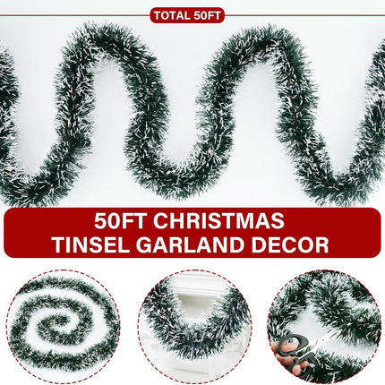 50Ft Christmas Garland,Green Christmas Tinsel Garland Christmas Metallic Twist Garland Ceiling Hanging Christmas Garland for Indoor Outdoor Xmas Tree Stair Fireplace Party Christmas Decor