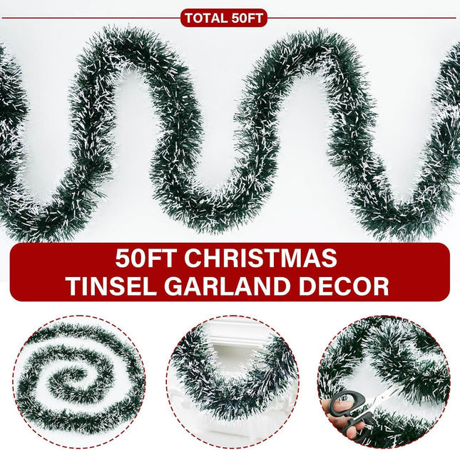 50Ft Christmas Garland,Green Christmas Tinsel Garland Christmas Metallic Twist Garland Ceiling Hanging Christmas Garland for Indoor Outdoor Xmas Tree Stair Fireplace Party Christmas Decor