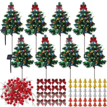 Libima 8 Pcs Solar Powered Christmas Tree Stake Lights Outdoor Decorations Waterproof with Bow Tie Red Berries Bells for Xmas Patio Yard Garden Pathway Cemetery Grave, Constant and Flashing Modes