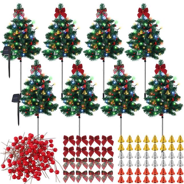 Libima 8 Pcs Solar Powered Christmas Tree Stake Lights Outdoor Decorations Waterproof with Bow Tie Red Berries Bells for Xmas Patio Yard Garden Pathway Cemetery Grave, Constant and Flashing Modes