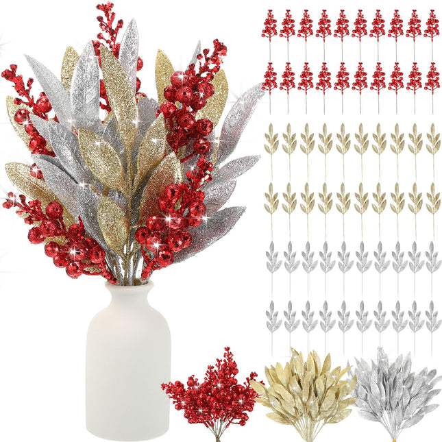 XunYee 40 Pcs 14" Xmas Artificial Glitter Leave Picks 20 Pcs 7.9" Artificial Red Berry Stems Fake Glitter Leaf Spray Faux Red Berry Picks Silver and Gold Floral Accents Christmas Glitter Berries Stems