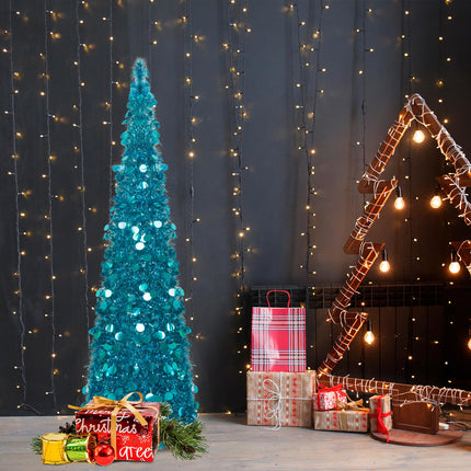 N&T NIETING Christmas Tree with Lights, 5ft Collapsible Pop Up Blue Tinsel Christmas Tree Coastal Christmas Tree for Holiday Xmas Decorations, Home Display, Office Decor