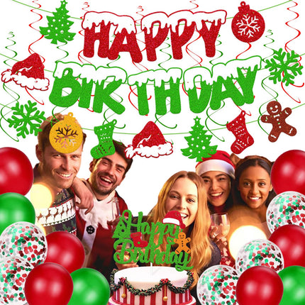 Christmas Birthday Decoration Happy Birthday Banner Christmas Cake Topper Red Green Hanging Swirls Balloons for Merry Christmas Tree Winter Snow Happy Year Theme Party Supplies