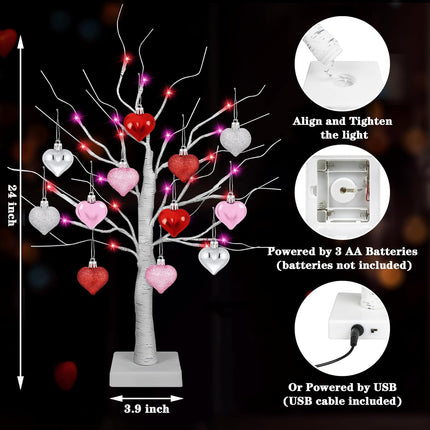 [Timer] 2 Pack 24 Inch Valentines Day Decor Tree with 24 Red Pink LED Lights and Heart Ornaments, USB/Battery Operated Valentines Decoration Tree Light, Valentines Day Decorations Home Table Bedroom