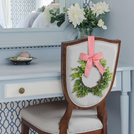 2 Pieces Faux Kitchen Cabinet Wreaths Christmas Boxwood Wreaths with Ribbon Artificial Green Leaves Wreaths Decorative Christmas Hanging Wreaths for Cabinet Wall Window (Red and White)