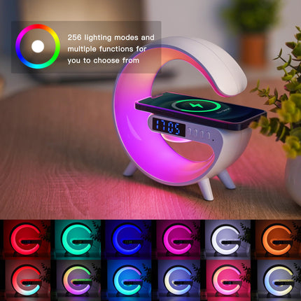 Mini Wireless Speaker Lamp with Alarm Clock, Wireless Charging, Atmosphere Light, Bedside Table Lamp s (White)