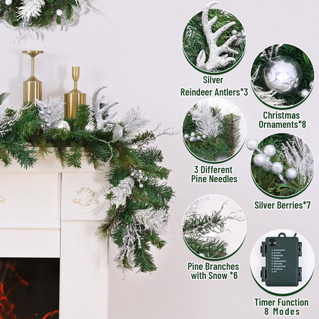 Christmas Garland Decorations - 5.9 FT Christmas Garland for Mantle, Realistic Christmas Garlands with Reindeer Antlers Flocked Pine Needles Berries for Indoor Outdoor Christmas Decor