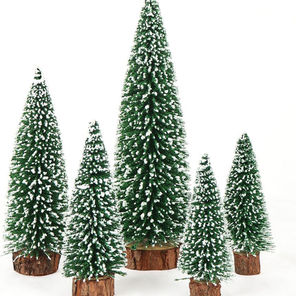 AerWo 5Pcs Mini Christmas Trees Flocked Bottle Brush Christmas Trees with Wooden Bases, Small Christmas Trees for Tabletop Christmas Decor Winter Holiday Table Decorations Christmas Village Crafts