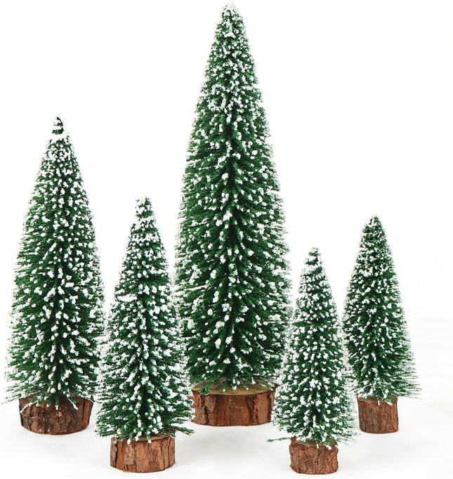 AerWo 5Pcs Mini Christmas Trees Flocked Bottle Brush Christmas Trees with Wooden Bases, Small Christmas Trees for Tabletop Christmas Decor Winter Holiday Table Decorations Christmas Village Crafts