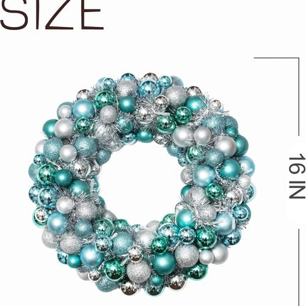Amooca 16in Christmas Ball Wreath with LED Lights Front Door Window Decorative Hanging Ornaments Table Centerpiece Holiday Party Home Decoration Blue Silver