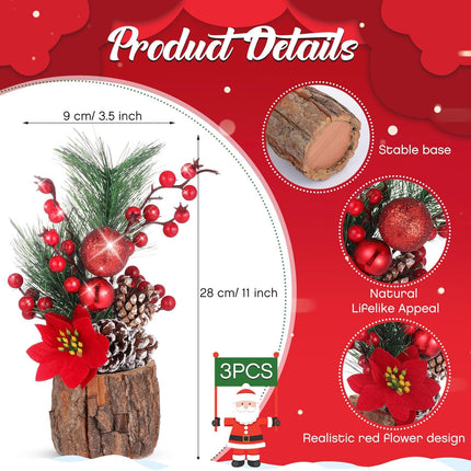3 Pcs 11 Inch Christmas Tree Tabletop Artificial Mini Christmas Tree Decorations with Holiday Ornaments Pine Cone Red Berry Farmhouse Xmas Tree for Fireplace Home Indoor Decor(Poinsettia)