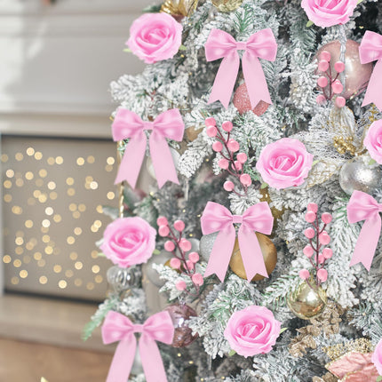 Duraaamo 61 Pcs Rose Christmas Tree Decoration Rose Decorations Set Include Faux Rose Artificial Berries Small Ribbon Bows Big Velvet Topper Bow for Holiday Home Xmas Tree Decor(Coquettish Pink)
