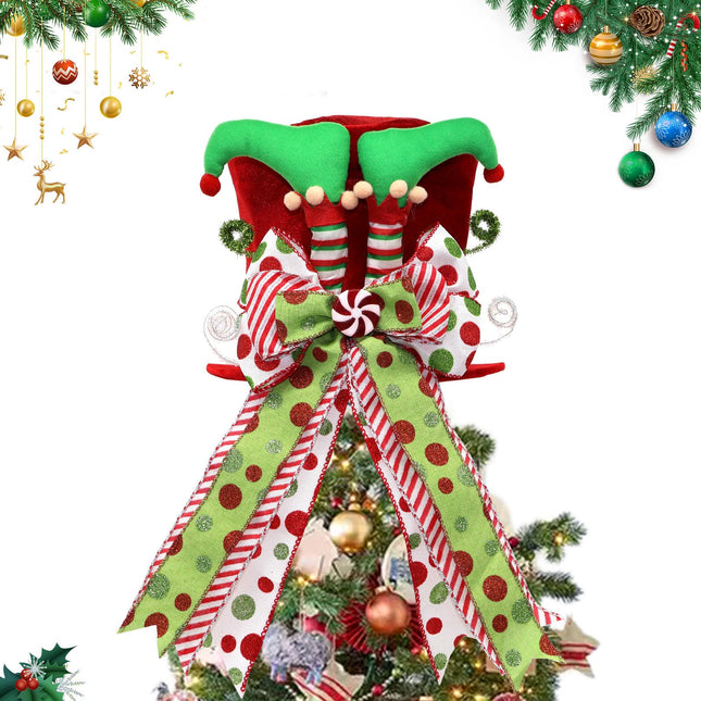 Christmas Tree Topper Hat with Bow, Red Velvet Top Hat Ornament with Elf Legs and Red & Green Polka Dot Bow, Winter Holidays Xmas Decor for Home Decoration