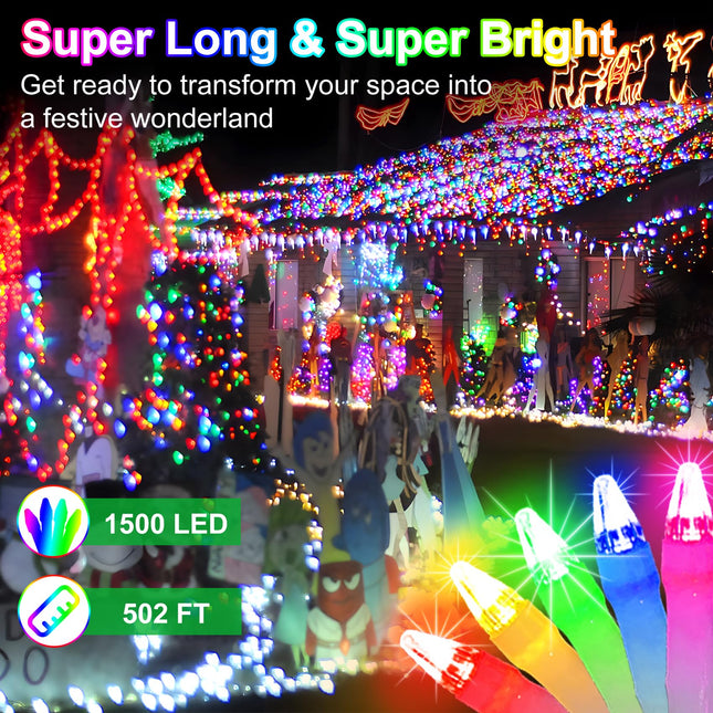 1500 LED 502FT Christmas String Lights Outdoor, Christmas Light with 8 Lighting Modes& Timer & Memory, Plug in Outdoor Waterproof Clear Wire Twinkle Light for for Xmas Yard Tree Party Decor Multicolor