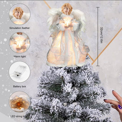 Christmas Angel Treetop Figurine, 12.6 Inch LED Christmas Treetop for Christmas Tree Ornaments, Angel Tree Topper Lighted for Christmas Tree Decorations Party Favors (Silver)