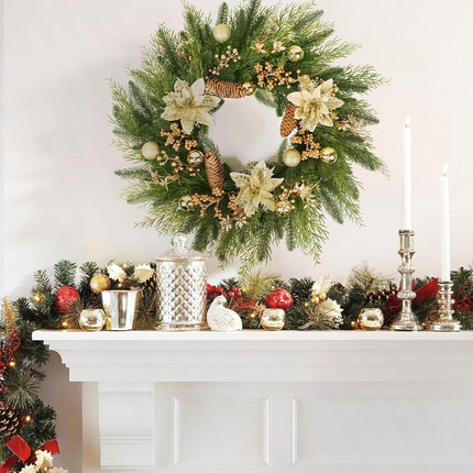 24” Christmas Wreaths for Front Door, Christmas Wreath with Lights Gold Flower Berry Leaves Ball, Glittering Wreath Decor Home Christmas Year