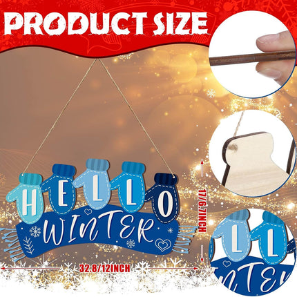 Christmas Hello Winter Gloves Hanging Sign Navy Blue Scarf Hello Winter Wooden Door Sign Hanging Plaque Rustic Wall Sign Wall Decor for Yard Indoor Outdoor Garden Decor with Rope