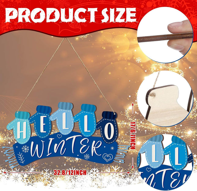 Christmas Hello Winter Gloves Hanging Sign Navy Blue Scarf Hello Winter Wooden Door Sign Hanging Plaque Rustic Wall Sign Wall Decor for Yard Indoor Outdoor Garden Decor with Rope