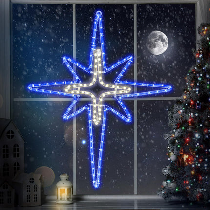 Christmas Star of Bethlehem LED Star Hanging Lights Nativity Holy Family Light for Door Window Porch Wall Decoration Plug Operated Lighted Star Hanging Tree Topper(Blue, Light Yellow,28")