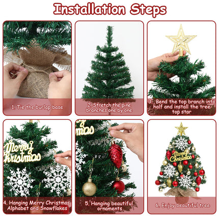 24Inch Mini Table Top Christmas Tree with 30LED Lights Small Christmas Tree with Star Treetop Snowflakes and 30 Ball Ornaments Prelit Desk Christmas Tree for DIY Xmas Tree Christmas Decor