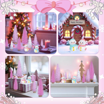 AerWo 10Pcs Mini Pink Christmas Trees Bottle Brush Christmas Trees 3.94''-7.87'' with Snowman Couple, Small Christmas Village Trees Pine Trees for Tabletop Christmas Decor Winter Holiday Decorations