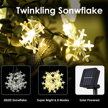 Fairy Lights Solar Powered Outdoor Waterproof IP65 Christmas Lights with 50 LED Snowflake Hanging Light for Backyard Porch Balcony Party Decor, Wedding,Party,Camping (Warm White)