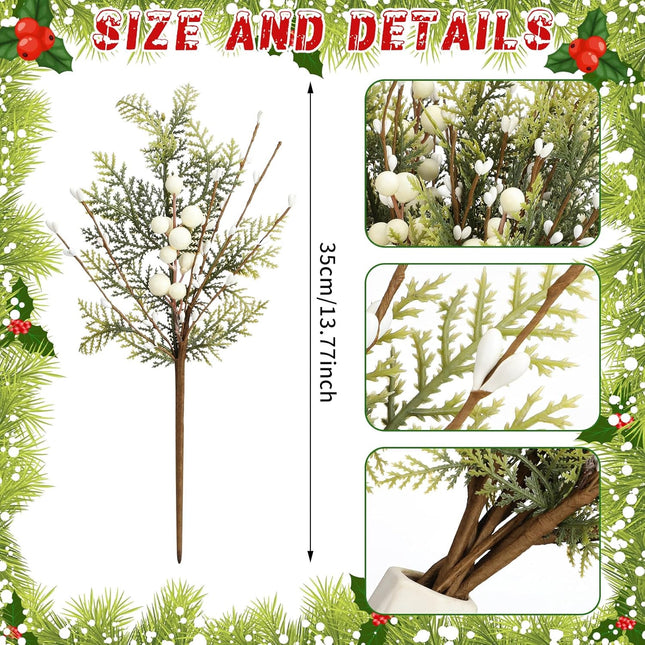 10 Pcs Christmas Floral Picks 13.7 Inch Christmas Berry Picks with Holly Berries Artificial White Berry Stems Pine Sprigs Branches Floral Arrangement for Xmas Tree Wreath DIY Holiday Decor