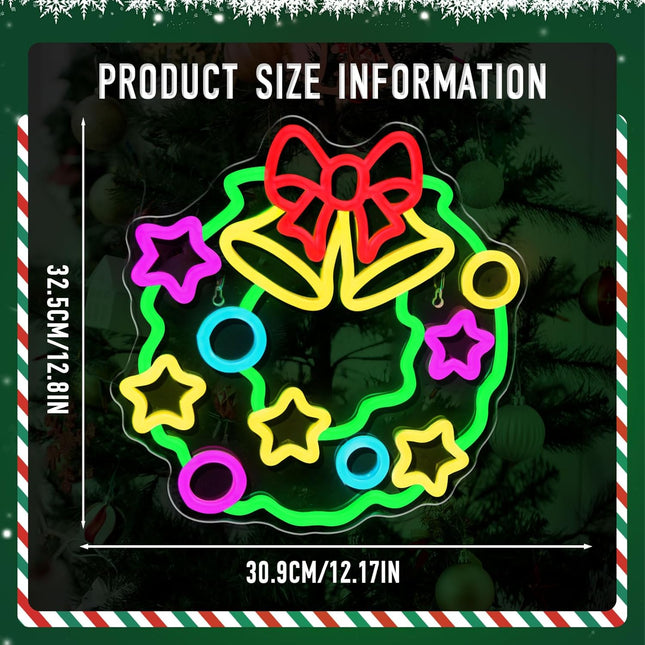 Christmas Wreaths Neon Signs，Dimmable Christmas LED Light Sign XMAS Bells Neon Light For Holiday Party Home Bar Festival Wall Decor USB Powered