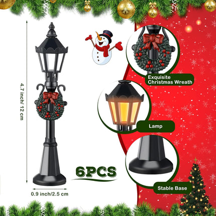 16 Pieces Christmas Village Accessories Set Frosted Christmas Pine Trees and Mini Street Lamp Post Bottle Brush Trees Miniature Village Trees for DIY Crafts Xmas Winter Holiday Decorations