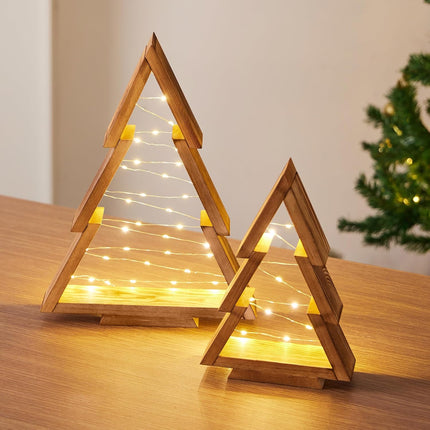 Christmas Decorations, Wooden Christmas Tree, Tabletop Christmas Tree with Lights, Small Lighted Christmas Trees Decor for Table Top Mantle Shelf, 2 Pack (Large 14.2" H & Small 10.2" H)