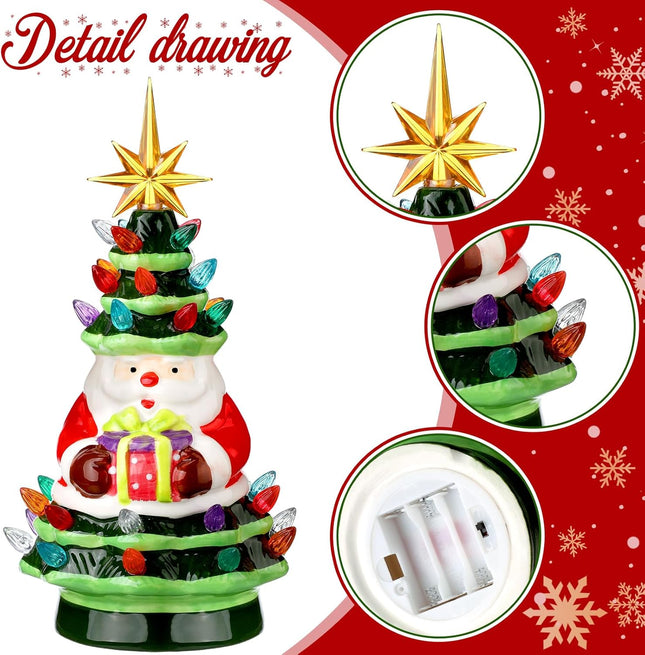 Umigy 2 Pcs 11" Ceramic Christmas Tree with Light Small Gnomes Snowman Tree Ornaments Battery Operated Vintage Light Up Tabletop Christmas Tree Decoration for Holiday Xmas Indoor Decor