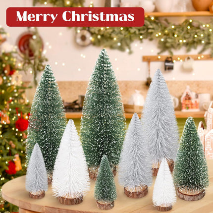 9Pcs Mini Christmas Tree, Bottle Brush Christmas Trees Wooden Base Table Decor with 4 Sizes, Artificial Tabletop Christmas Tree Indoor Village Decor Xmas Decorations(Green+Sliver+White)