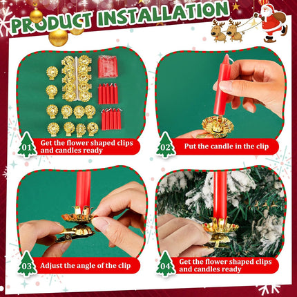 Tessco 40 Pcs Christmas Metal Candle Holder with Clip Set 20 Candle Holders for Christmas Tree Flower Shape Christmas Candle Clip Set with 20 Christmas Candles for Birthday Christmas(Gold Red)