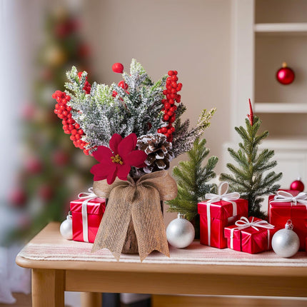 Watayo Artificial Burlap Small Christmas Tree Tabletop Decoration with Lights- 10" x 3" Mini Potted Christmas Tree Table Decoration with Red Berry Pine Cones for Home Room Mantel Party Xmas Decor