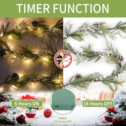 6FT Christmas Garland, Prelit Christmas Garland, Christmas Garland with Lights Snowflake Effect Design with Pinecones, White Berries for Mantel Tabletop Party Home Indoor Outdoor Winter Decor