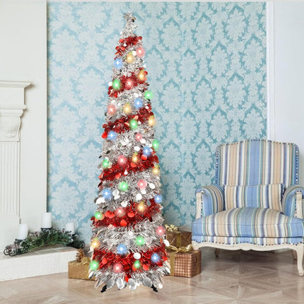 5FT Christmas Trees with 90 Lights, Collapsible Artificial Sequin Pop Up Christmas Tree, Tinsel Slim Pencil Christmas Tree for Home Holiday Fireplace Party Indoor Outdoor Xmas Decorations (Sliver&Red)