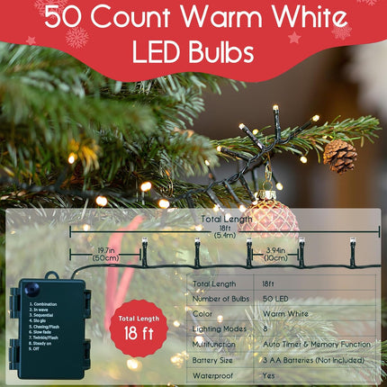 Battery Operated Christmas Lights - Christmas Tree Lights 50 LED Mini Lights Battery Operated String Lights with Auto Timer 8 Modes Wreath Lights for Christmas Tree Wreath Party, Warm White