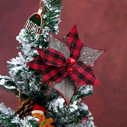 12 Pieces Christmas Buffalo Plaid Poinsettias 6.7 Inches Artificial Christmas Tree Ornaments Checked Xmas Flower with Bells for Rustic Christmas Tree Wreath Garland (Red Black)