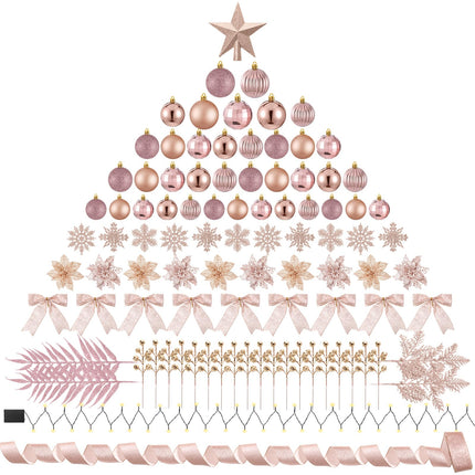 Poen 108 Pcs Christmas Tree Ornament Set Including Xmas Tree Ball Glitter Poinsettia Bows Berries Stems Leaves Snowflakes Ribbon Lights for Christmas Decoration(Rose Gold)