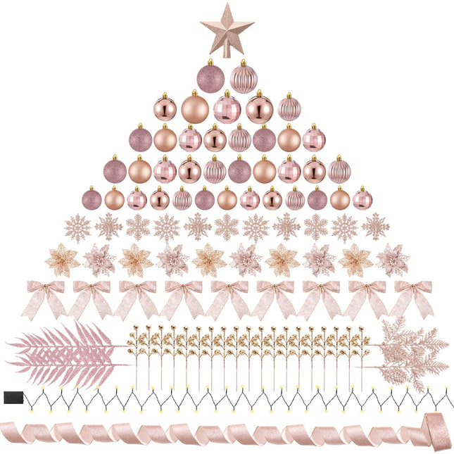 Poen 108 Pcs Christmas Tree Ornament Set Including Xmas Tree Ball Glitter Poinsettia Bows Berries Stems Leaves Snowflakes Ribbon Lights for Christmas Decoration(Rose Gold)