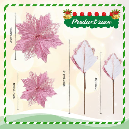 38 Pcs Christmas Tree Decorations Set Include Sequin Christmas Tree Skirt Star Christmas Tree Topper and 36 Artificial Glitter Christmas Flowers for Xmas Party Holiday Christmas Home Decor (Pink)