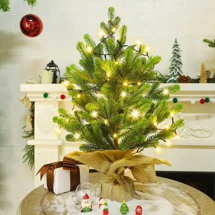 Lulu Home 2 Packs Pre-lit Artificial Mini Christmas Tree, 24 Inch Tabletop Battery Operated Pine Tree with 50 LED Light and Burlap Wrap Base for Xmas Spring Decor
