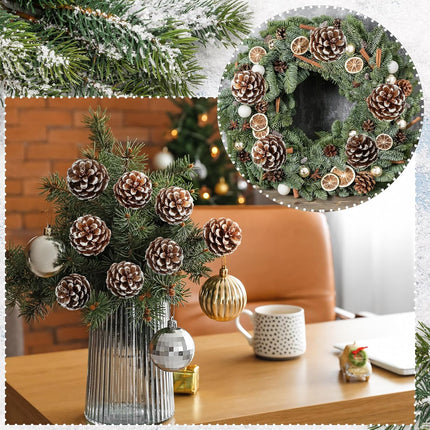 60 Pcs Pine Cones for Christmas Tree 1.38 x 5.1 Inch Christmas Pine Cones Picks Frosted Pinecones Ornaments with Wired Pick for Holiday Wreath Garland Party Decor