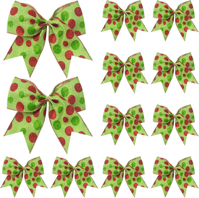12 PCS Red Green Christmas Bows Decoration, 6 Inch Large Bow Ornaments for Christmas Tree, Bow Garland Christmas, Christmas Wreaths Bows Xmas Tree Elf Dot Bows Ribbons Ornaments for Party