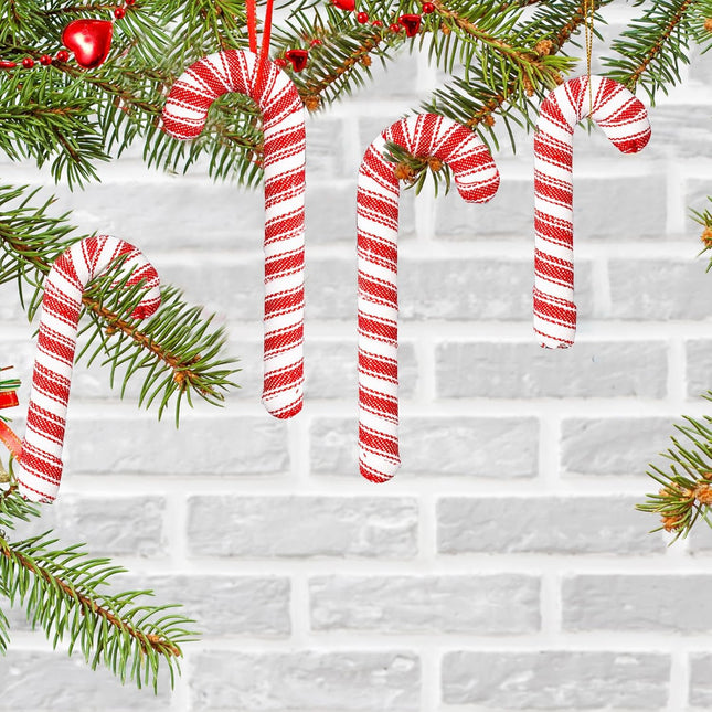 24pcs Candy Cane Christmas Decorations for Tree - Red White Fabric Wrapped Candy Cane Christmas Hanging Ornaments for Farmhouse Christmas Decor Candyland Party Favor Supplies