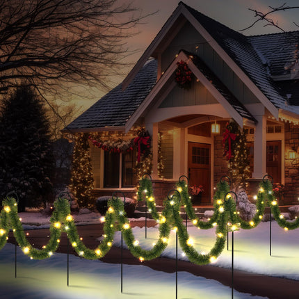 Christmas Pathway Lights Outdoor 50 ft Pre Lit Garland Walkway Lights Decoration Solar Christmas Green Garland with 100 LED and Walkway Stakes for Yard Lawn Garden Outdoor