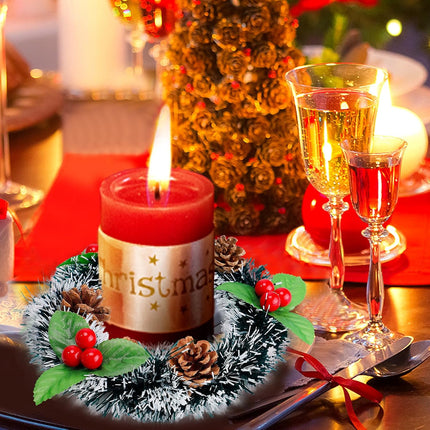 6 Pcs 4.1 inch Christmas Candle Rings- Xmas Artificial Berries Candle Wreath Holder with Pine Cones for Pillar Rustic Wedding Centerpiece Holiday Table Decoration