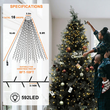 BOLWEO Christmas Tree Lights, 592LED 16 Lines Christmas Lights for Tree 8 Modes for 8ft-10ft Christmas Tree, UL Indoor Outdoor Christmas Decorations 16 9.8ft Drops Warm White