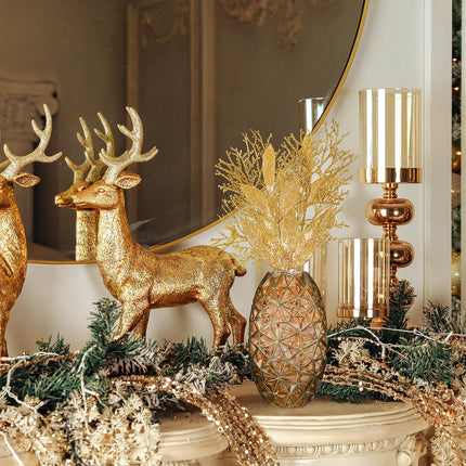 Winlyn 30 Pcs Christmas Artificial Leaf Sprays Cedar Picks Gold Glittered Christmas Tree Ornaments Floral Stems for Gold Christmas Tree Wreaths Swag Centerpieces Holiday Seasonal Wedding Decorations